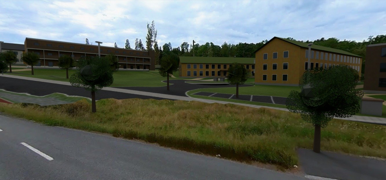 Med forslaget: Fra fv. 156 lenger sør: rekkehus, leiligheter og omsorgsboliger bak en grønn sone med trær.