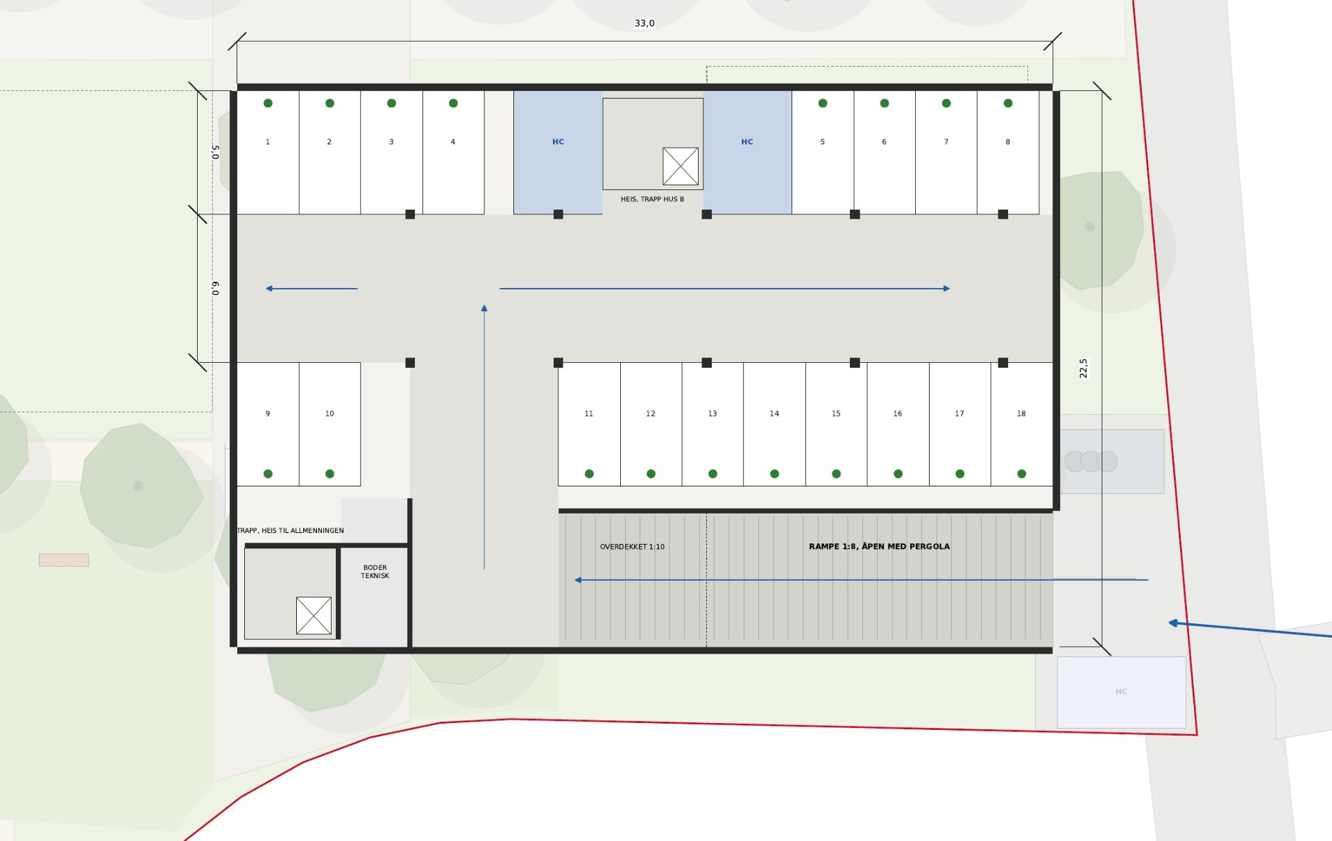 Plantegning av parkeringskjelleren med parkeringsplasser og innkjøringsrampe