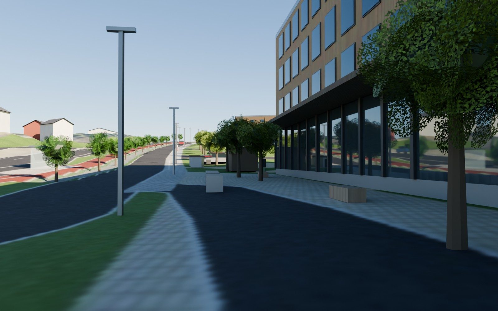 Illustrasjon av et lite torg foran det første bygget ved krysset