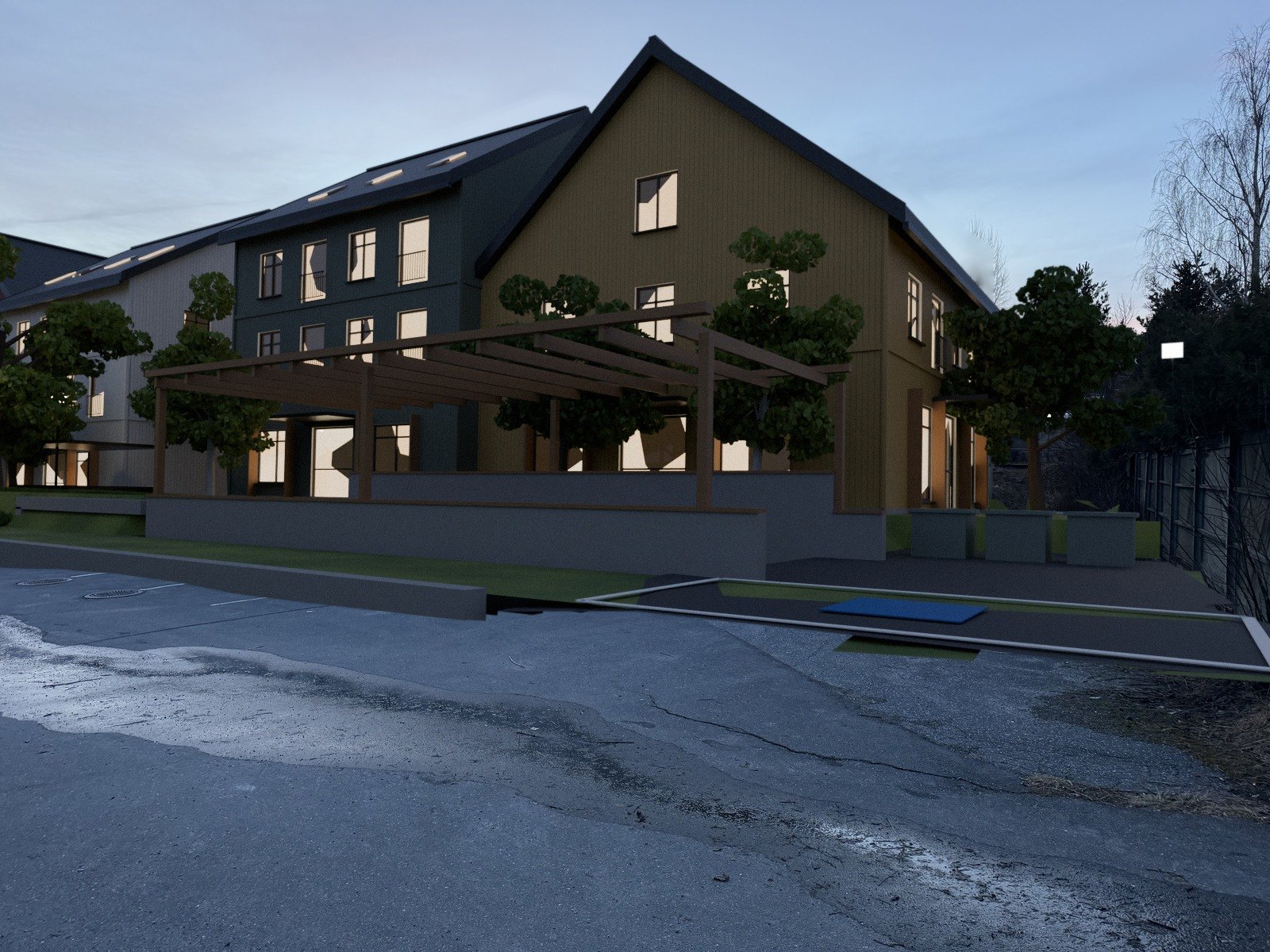 Med forslaget: Fra Nygårdsveien mot sørvest: hus B, rampen til P-kjelleren med pergola og hagen bak.