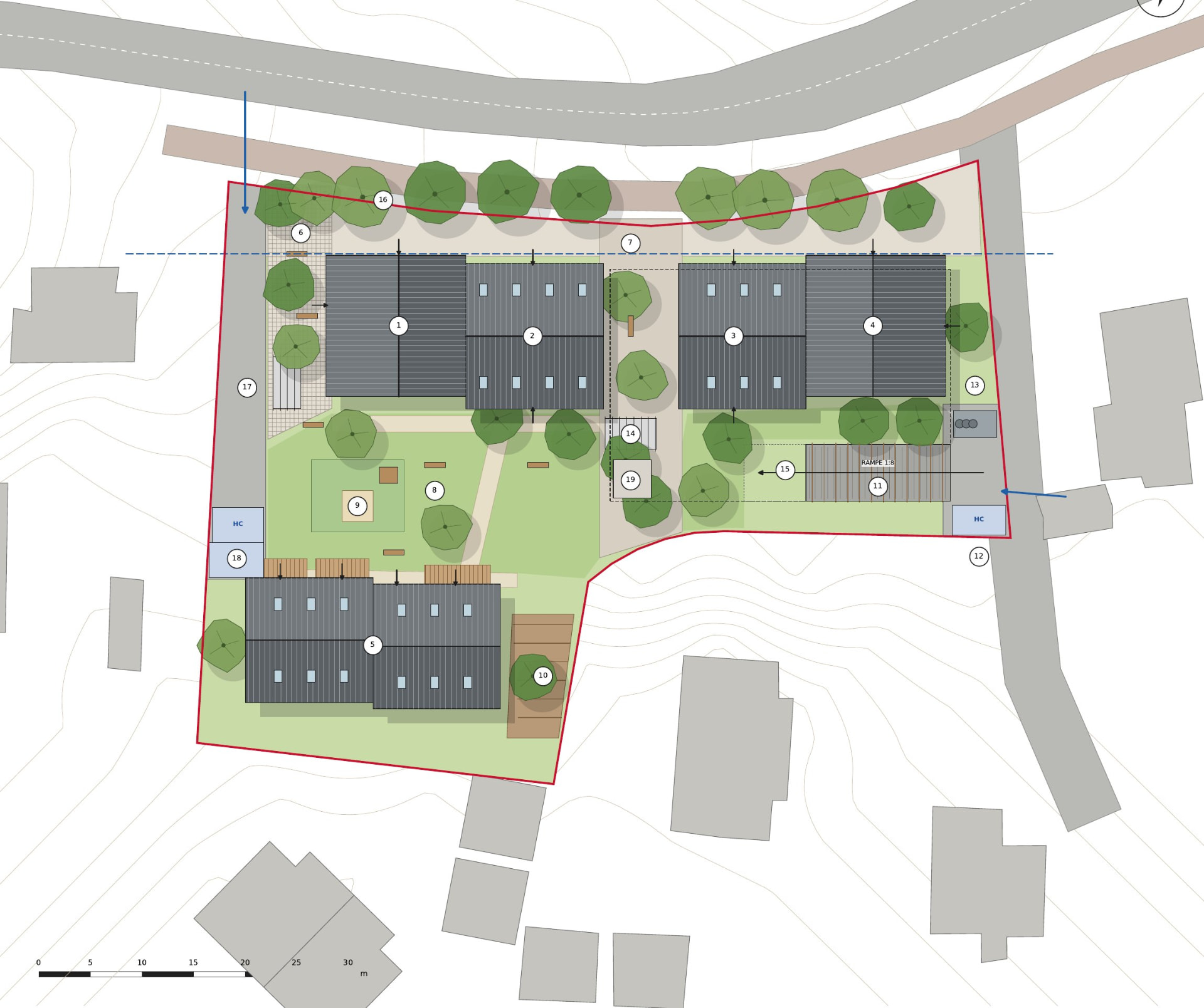 Illustrasjonsplan med hus, torg, tun, uteområder og avkjørsler