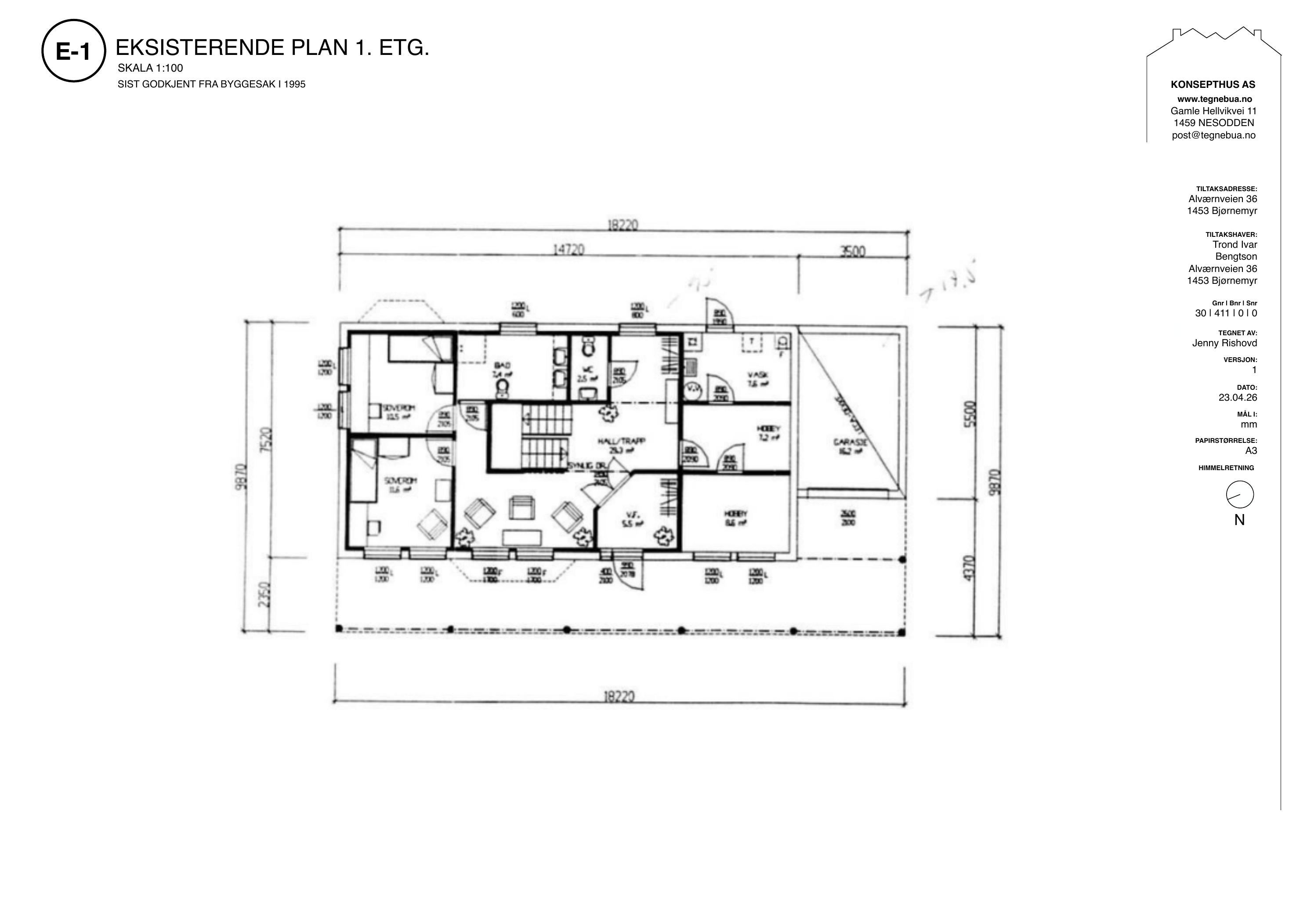E-1 Eksisterende plan 1. etg.