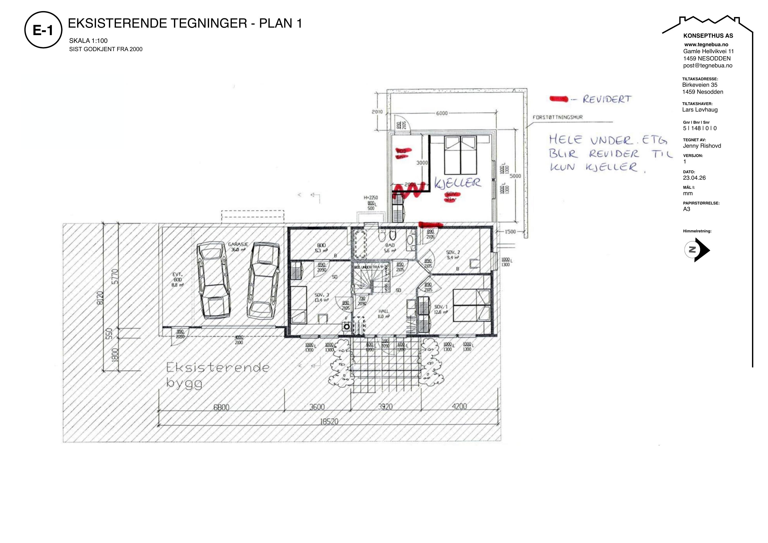 E-1 Eksisterende tegninger – plan 1